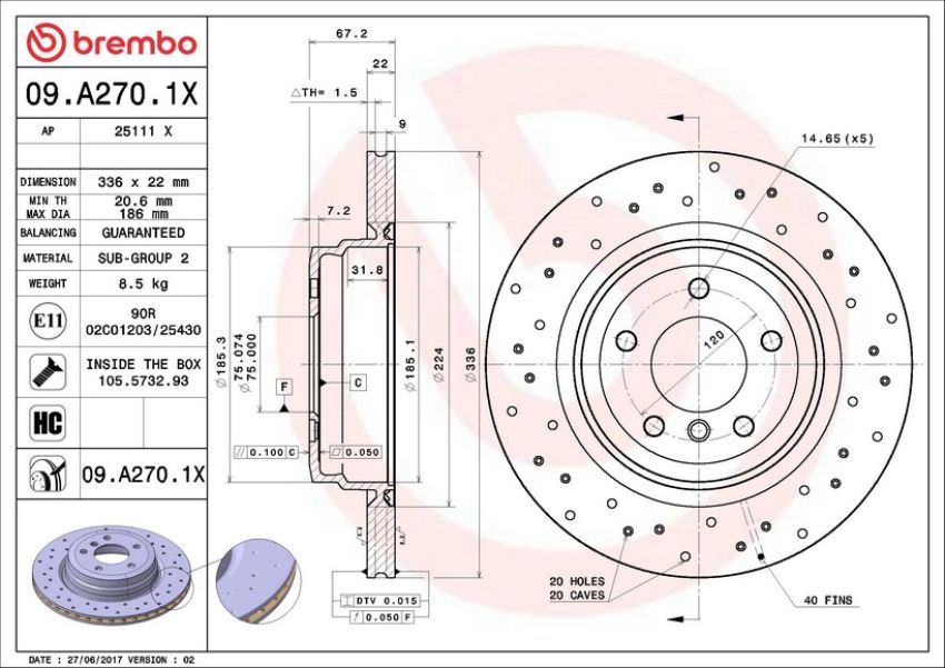 Brembo 09.A270.1X Premium UV Coated Xtra Cross Drilled Brake Rotor
