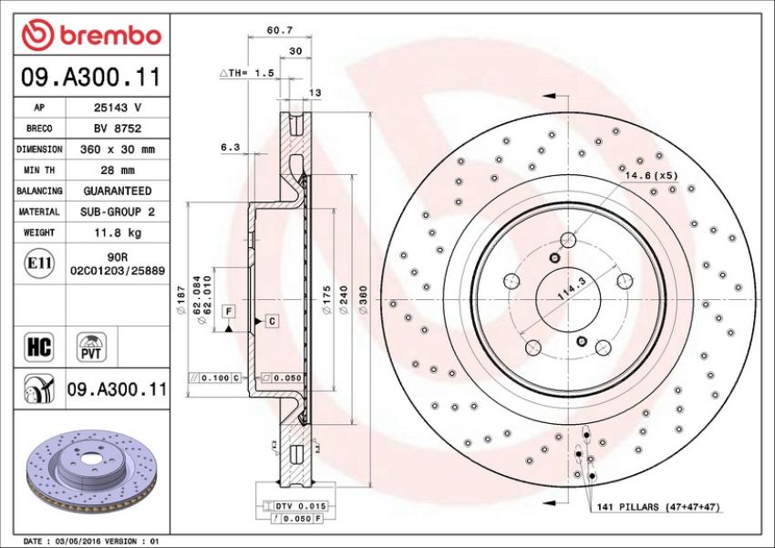 Brembo 09.A300.11 Premium Coated Vented Brake Rotor