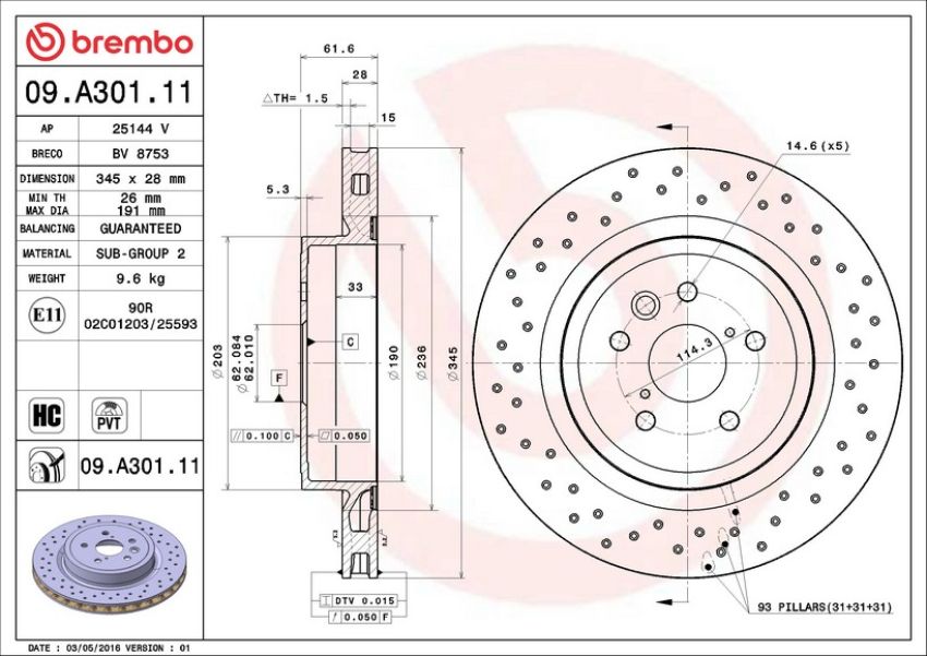 Brembo 09.A301.11 Premium Coated Vented Brake Rotor