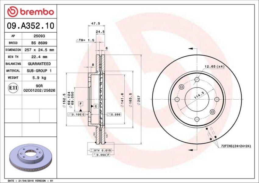 Brembo 09.A352.10 Premium Vented Brake Rotor
