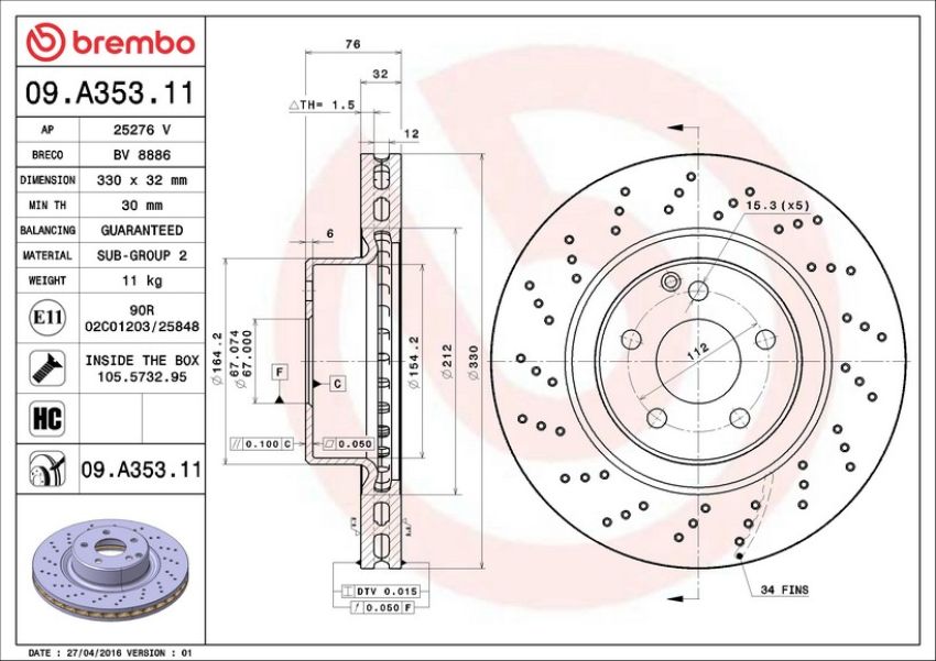 Brembo 09.A353.11 Premium Coated Vented Brake Rotor