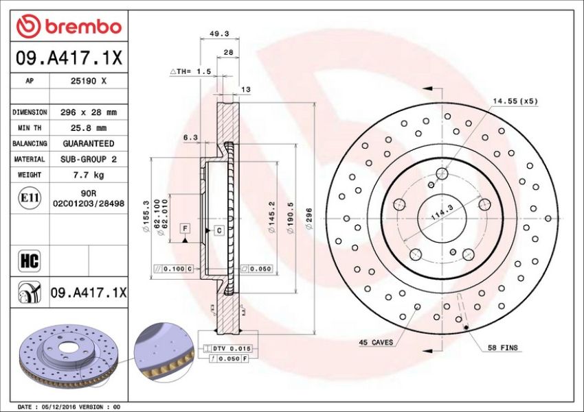 Brembo 09.A417.1X Premium UV Coated Xtra Cross Drilled Brake Rotor