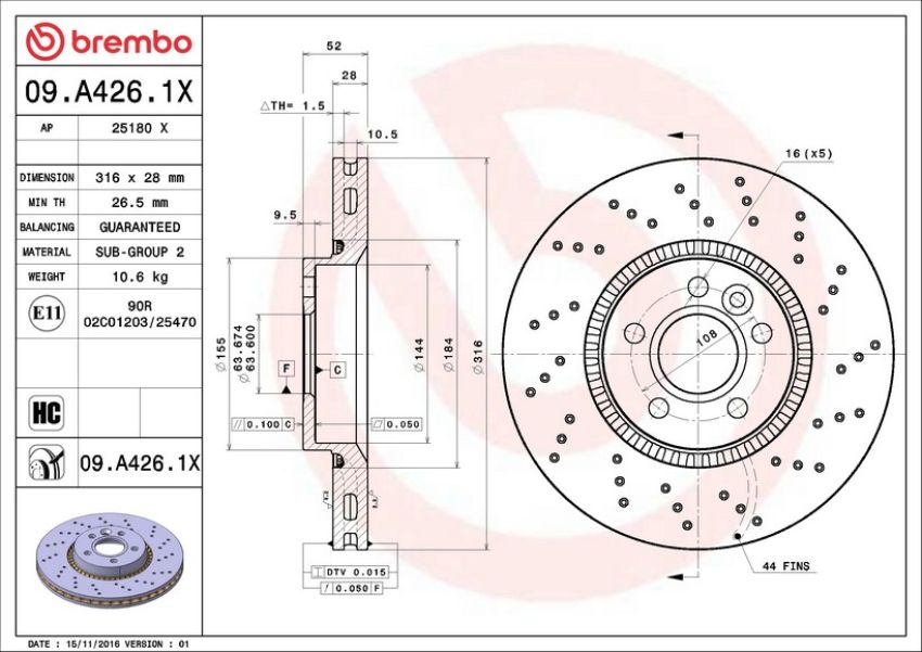 Brembo 09.A426.1X Premium UV Coated Xtra Cross Drilled Brake Rotor