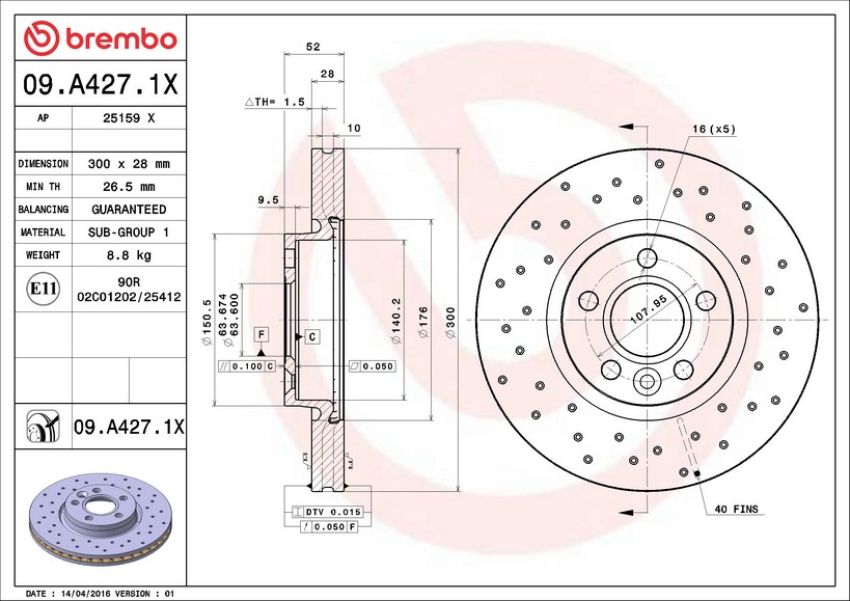 Brembo 09.A427.1X Premium UV Coated Xtra Cross Drilled Brake Rotor