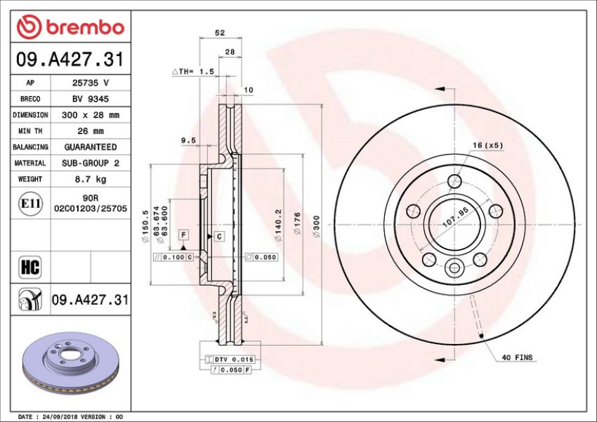 Brembo 09.A427.31 Premium Coated Vented Brake Rotor