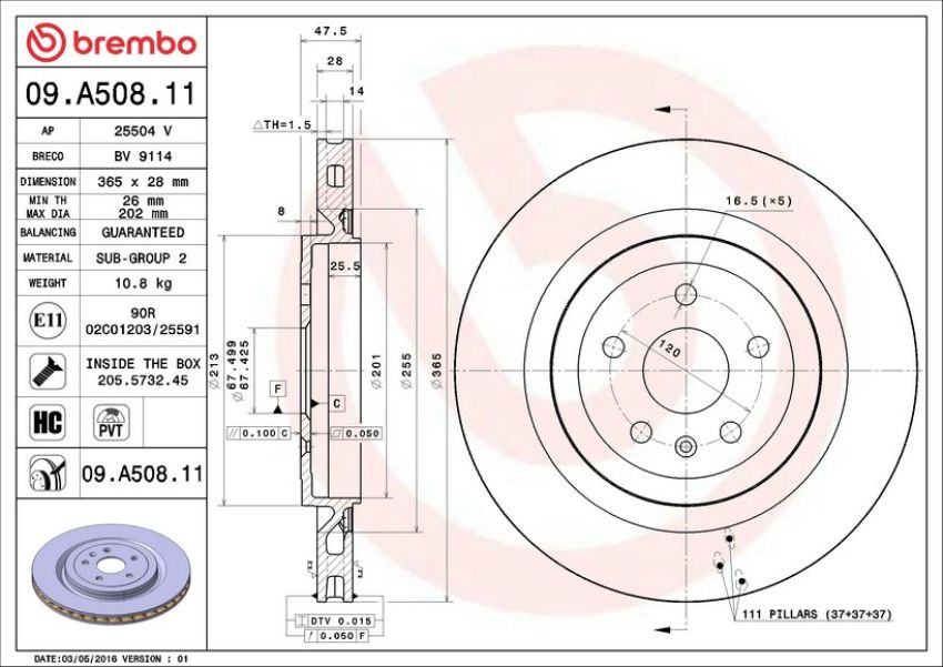 Brembo 09.A508.11 Premium Coated Vented Brake Rotor