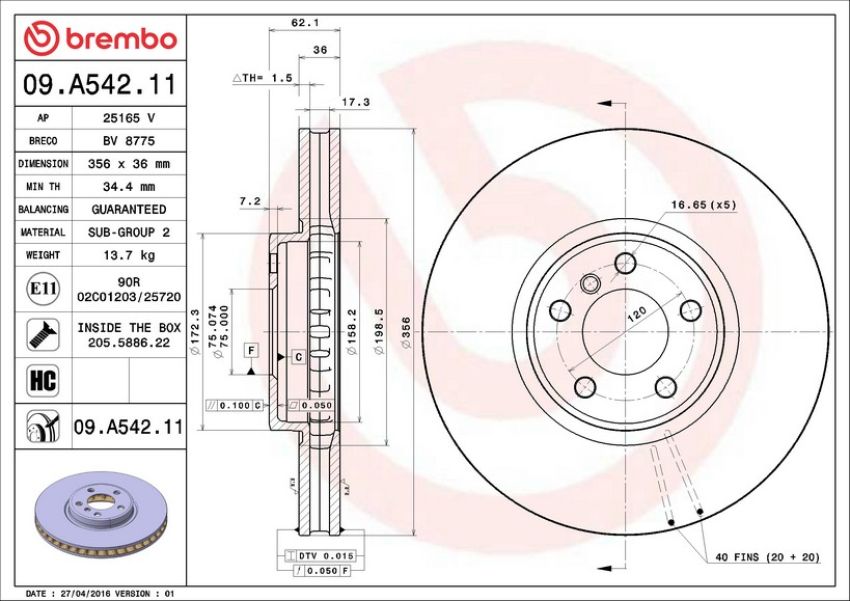 Brembo 09.A542.11 Premium Coated Vented Brake Rotor