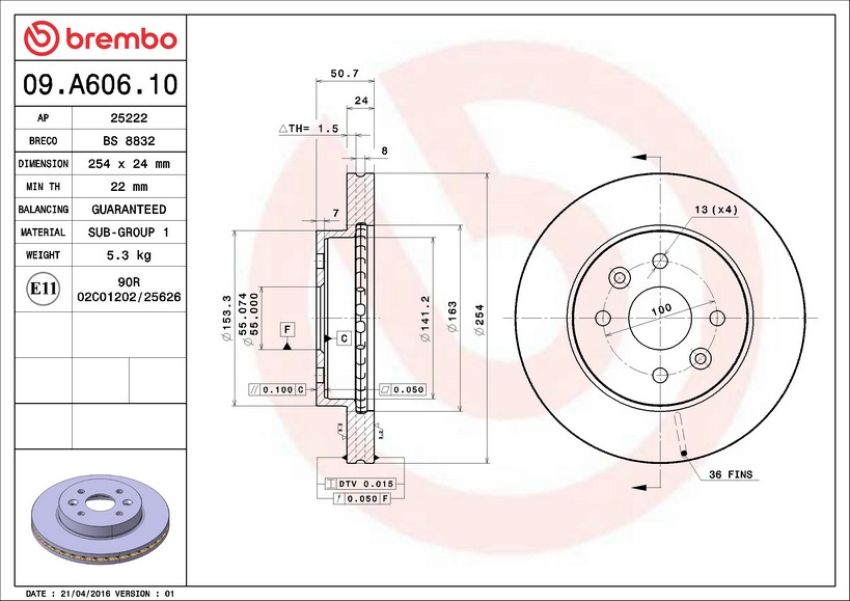 Brembo 09.A606.10 Premium Vented Brake Rotor