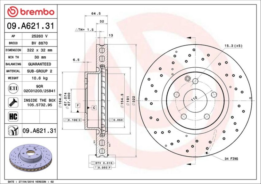 Brembo 09.A621.31 Premium Coated Vented Brake Rotor