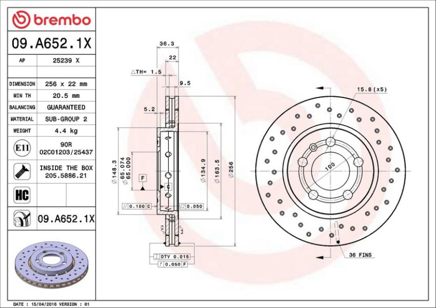 Brembo 09.A652.1X Premium UV Coated Xtra Cross Drilled Brake Rotor