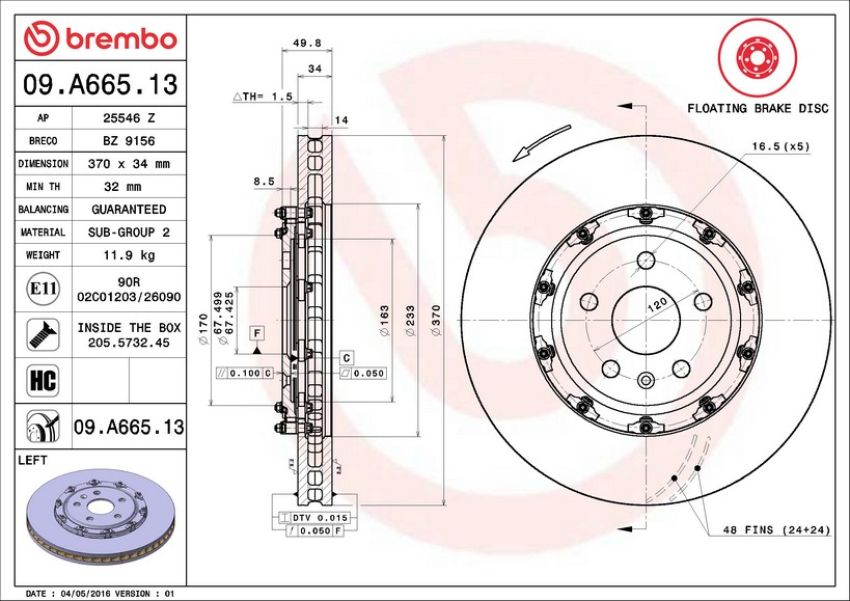 Brembo 09.A665.13 Premium Floating Two Piece UV Coated Vented Drilled And Slotted Brake Rotor