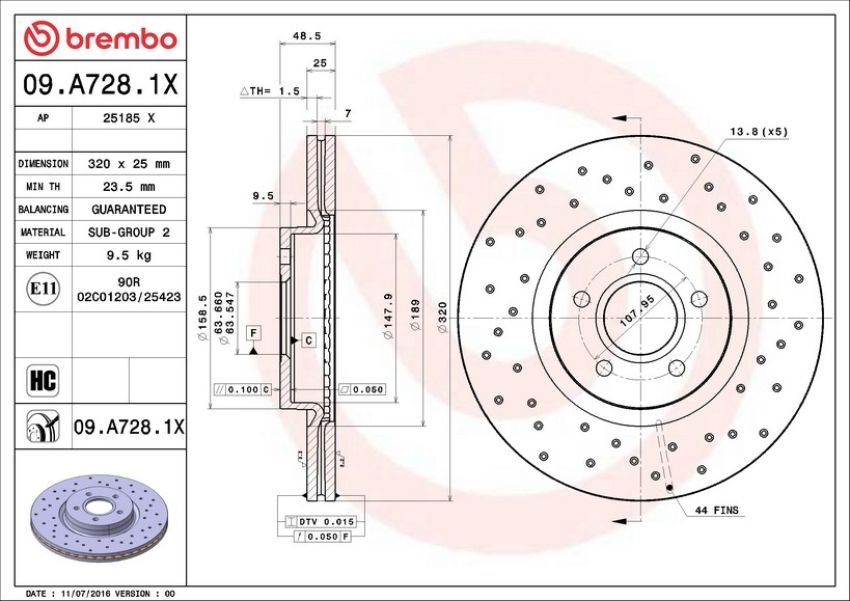 Brembo 09.A728.1X Premium UV Coated Xtra Cross Drilled Brake Rotor