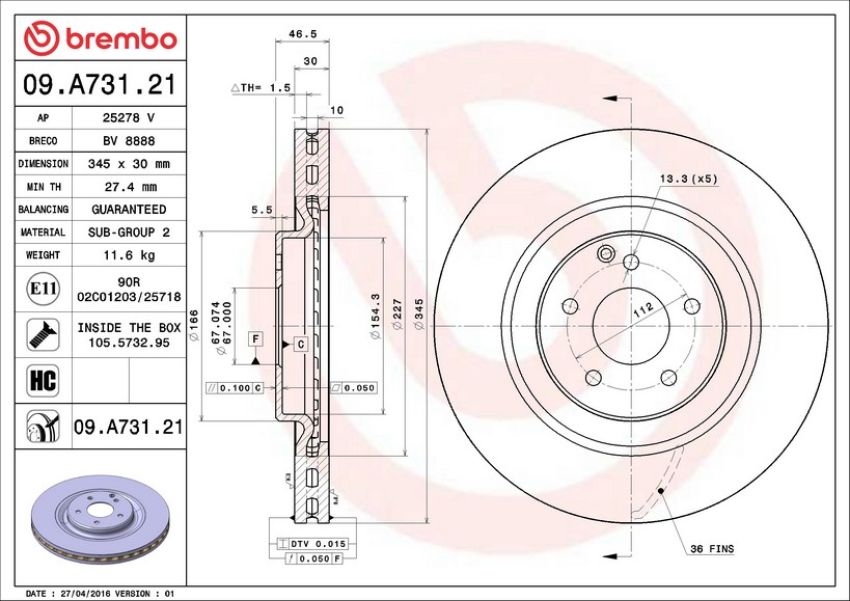 Brembo 09.A731.21 Premium Coated Vented Brake Rotor