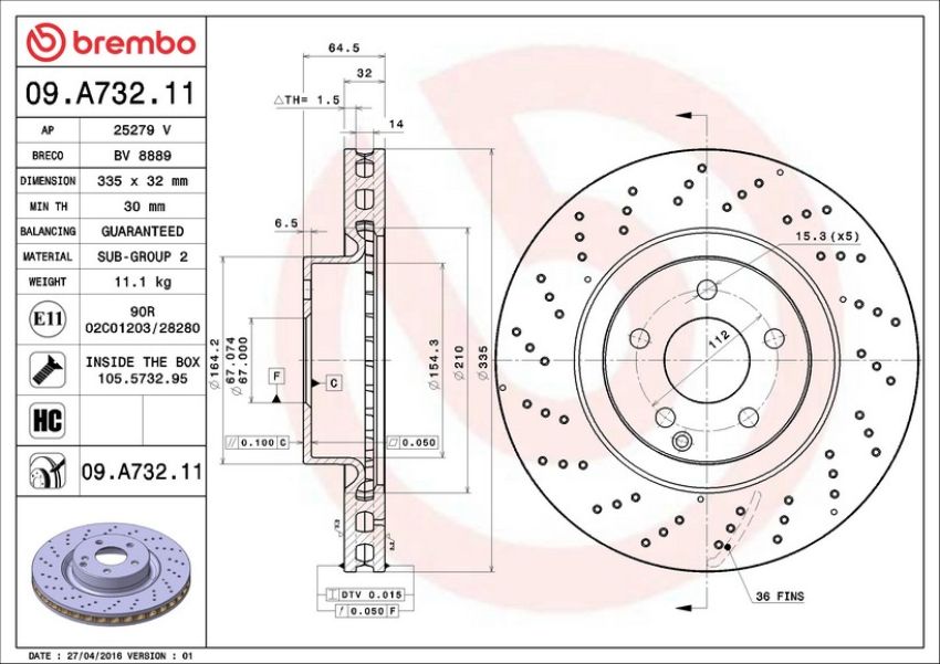 Brembo 09.A732.11 Premium Coated Vented Brake Rotor