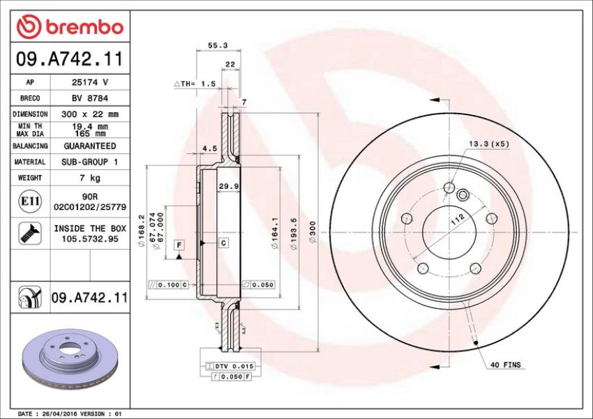 Brembo 09.A742.11 Premium Coated Vented Brake Rotor