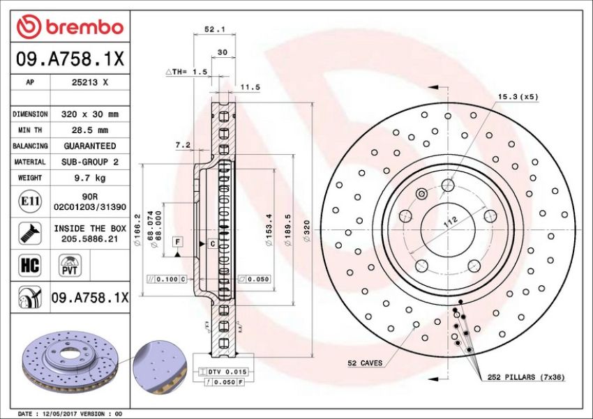 Brembo 09.A758.1X Premium UV Coated Xtra Cross Drilled Brake Rotor