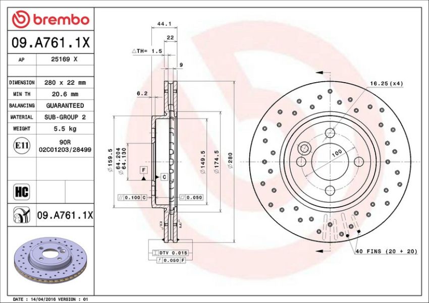 Brembo 09.A761.1X Premium UV Coated Xtra Cross Drilled Brake Rotor