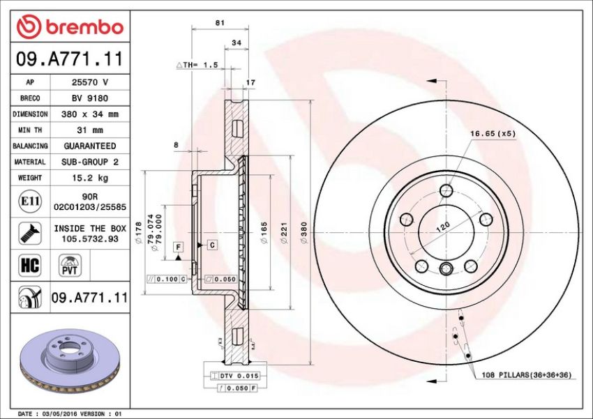 Brembo 09.A771.11 Premium Coated Vented Brake Rotor
