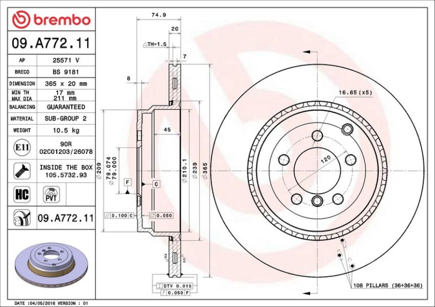 Brembo 09.A772.11 Premium Coated Vented Brake Rotor