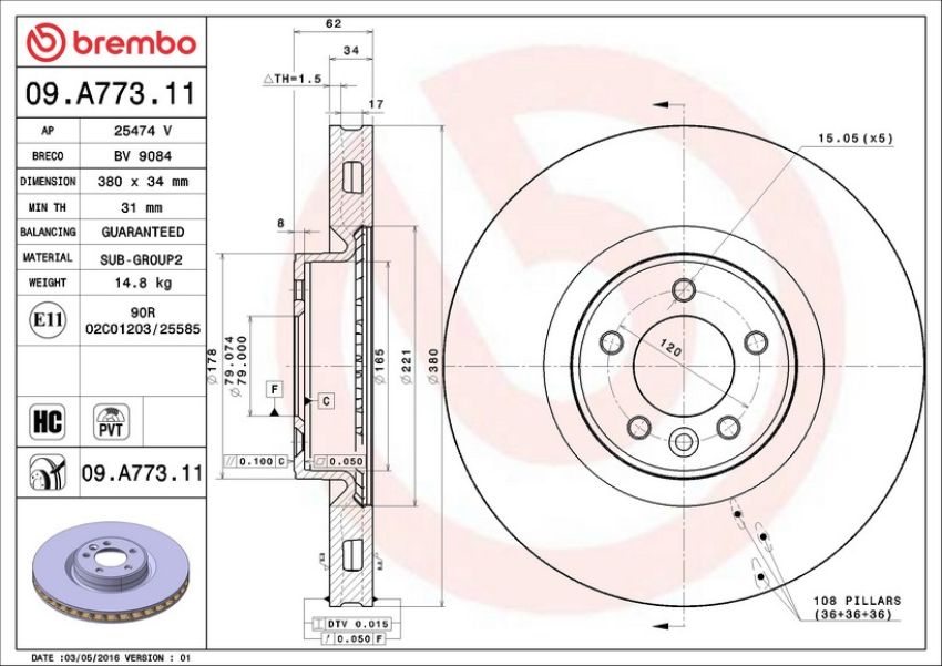 Brembo 09.A773.11 Premium Coated Vented Brake Rotor