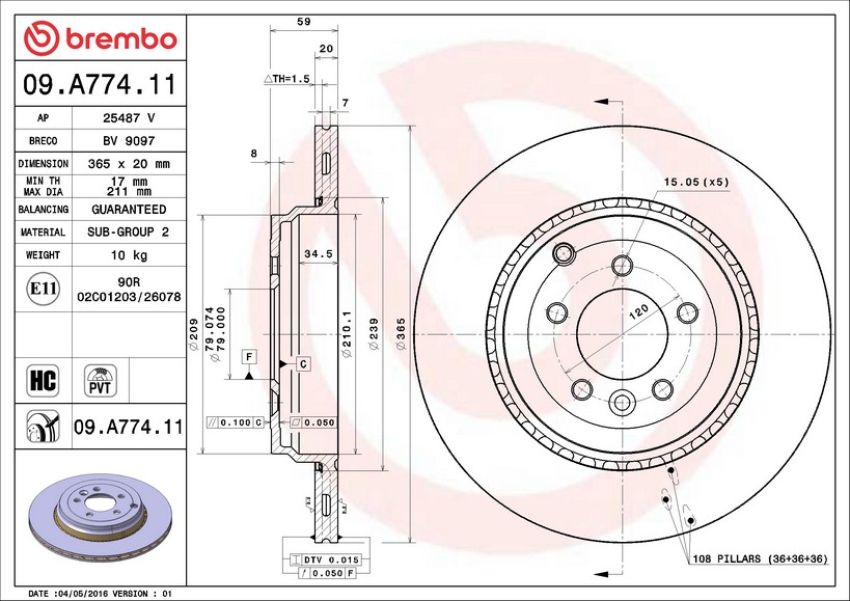 Brembo 09.A774.11 Premium Coated Vented Brake Rotor