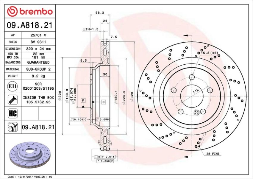 Brembo 09.A818.21 Premium Coated Vented Brake Rotor