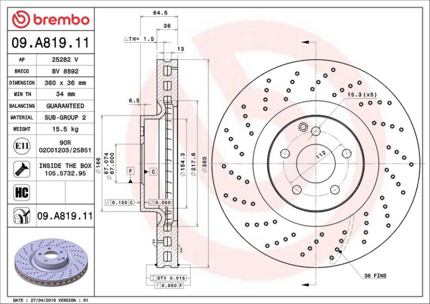 Brembo 09.A819.11 Premium Coated Vented Brake Rotor