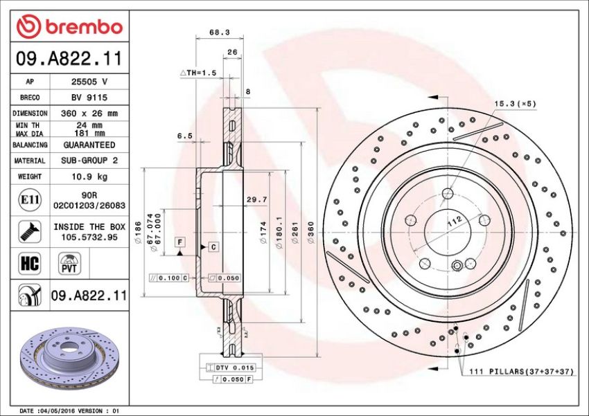 Brembo 09.A822.11 Premium Coated Vented Brake Rotor