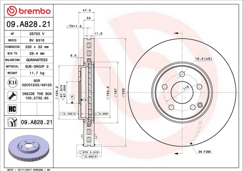 Brembo 09.A828.21 Premium Coated Vented Brake Rotor