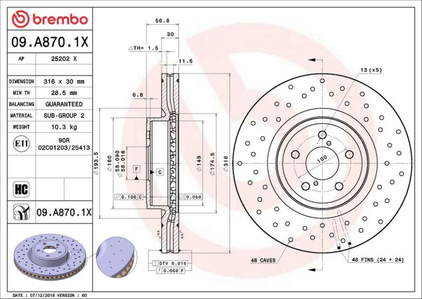 Brembo 09.A870.1X Premium UV Coated Xtra Cross Drilled Brake Rotor