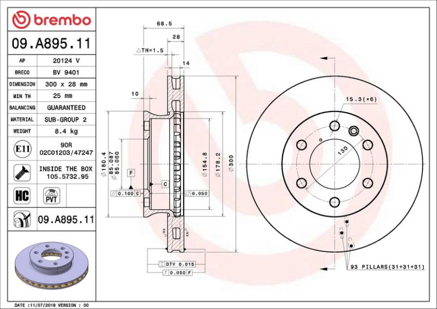 Brembo 09.A895.11 Premium Coated Vented Brake Rotor