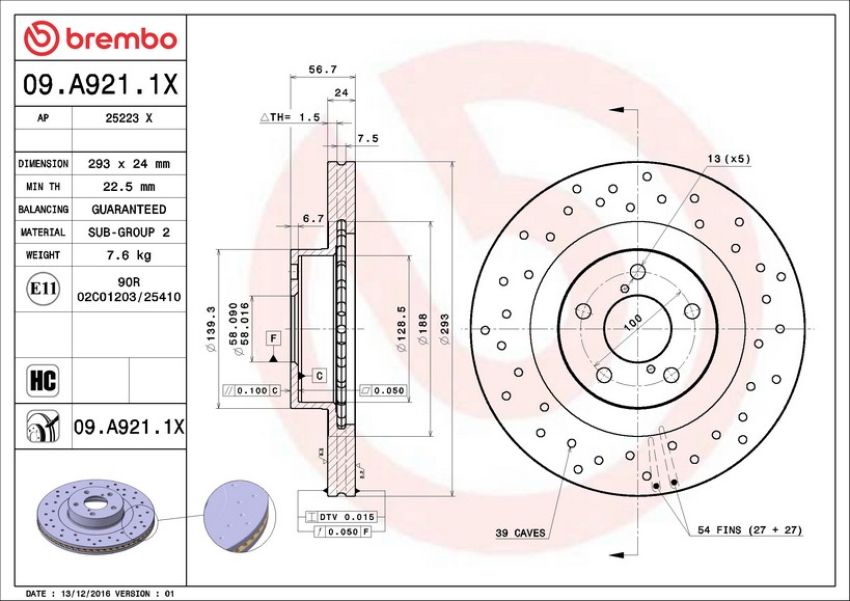 Brembo 09.A921.1X Premium UV Coated Xtra Cross Drilled Brake Rotor