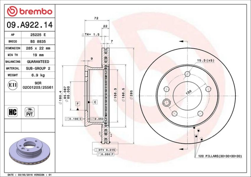 Brembo 09.A922.14 Premium Front Brake Rotor