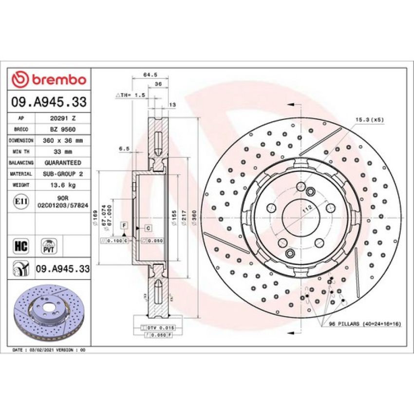 Brembo 09.A945.33 Premium Dual Cast Vented Drilled/Grooved UV Coated Brake Rotor
