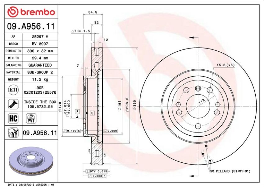 Brembo 09.A956.11 Premium Coated Vented Brake Rotor