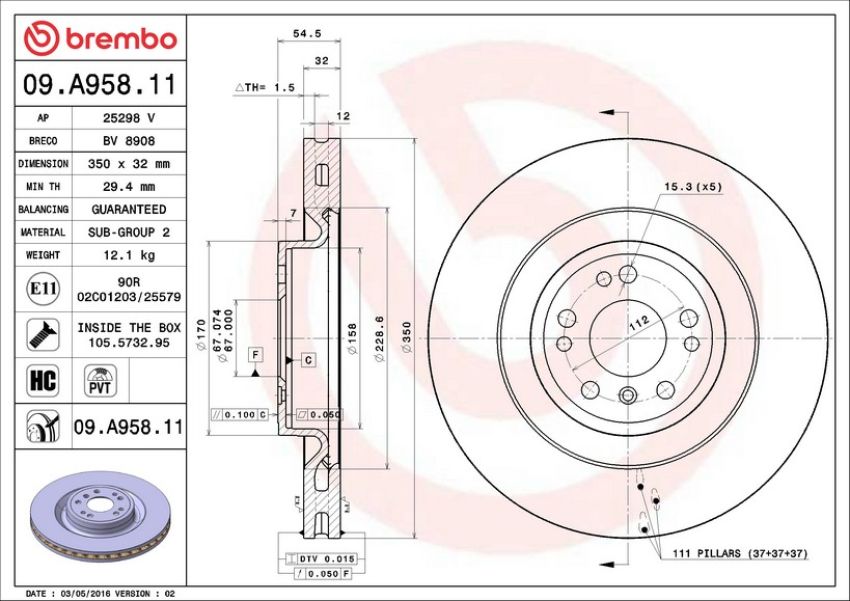Brembo 09.A958.11 Premium Coated Vented Brake Rotor