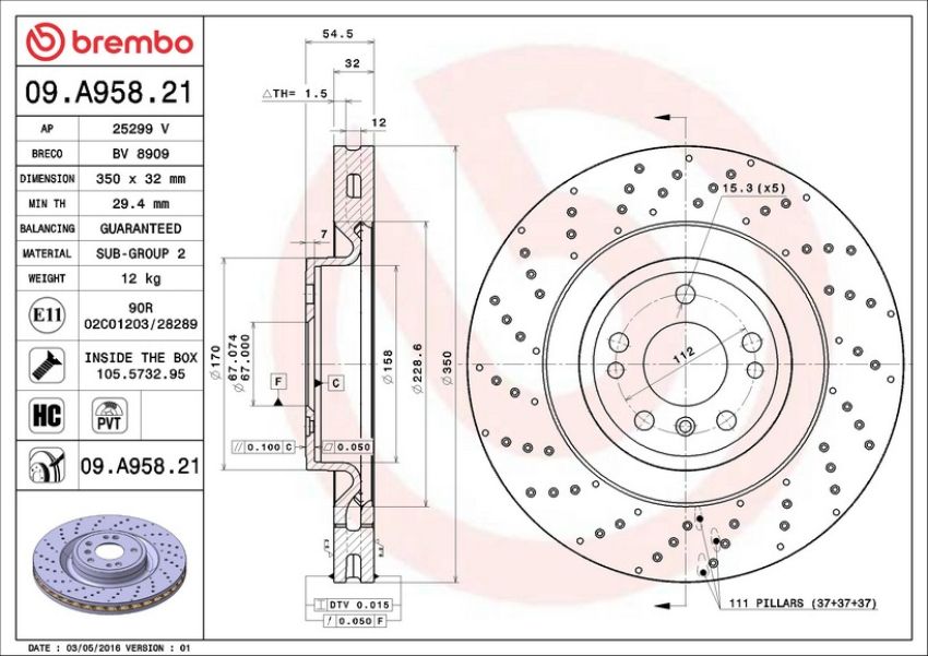 Brembo 09.A958.21 Premium Coated Vented Brake Rotor