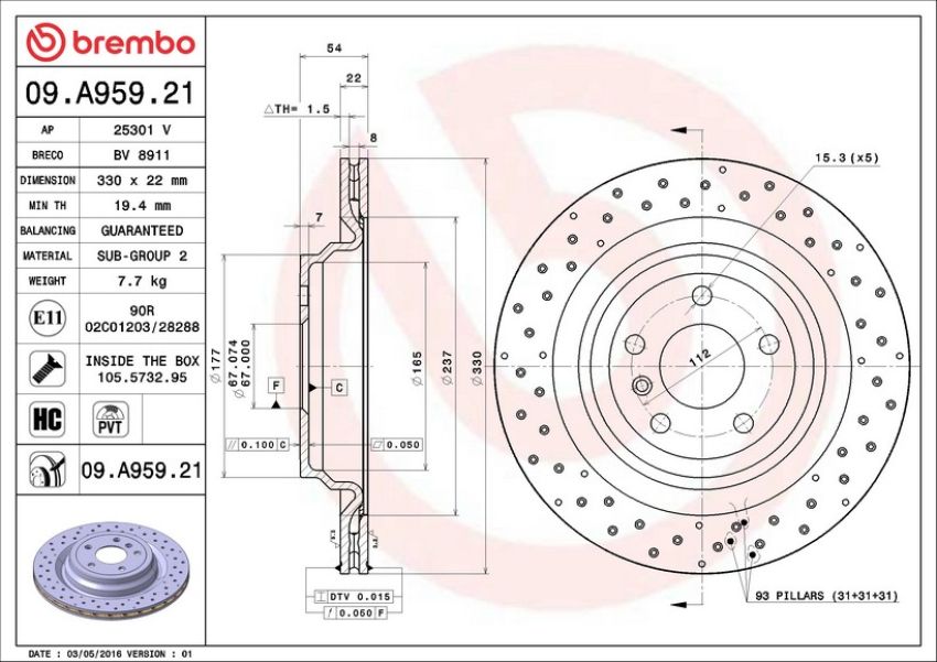 Brembo 09.A959.21 Premium Coated Vented Brake Rotor