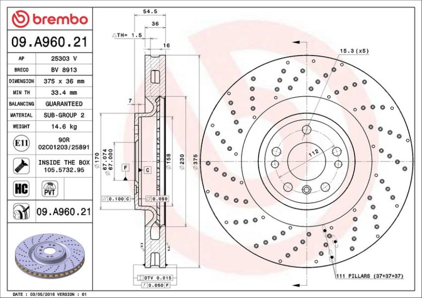 Brembo 09.A960.21 Premium Coated Vented Brake Rotor