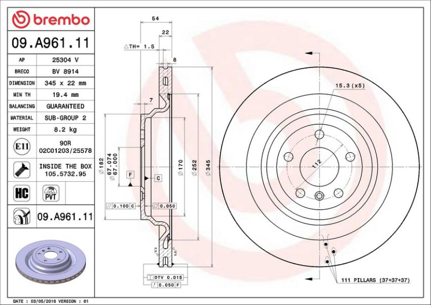 Brembo 09.A961.11 Premium Coated Vented Brake Rotor
