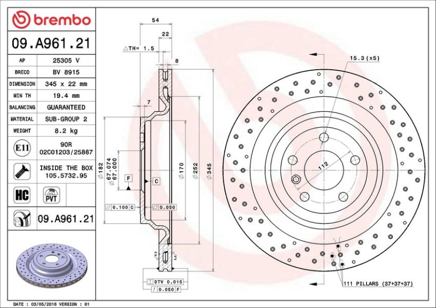 Brembo 09.A961.21 Premium Coated Vented Brake Rotor