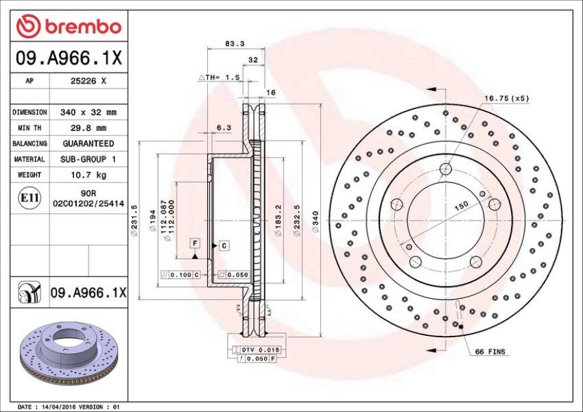 Brembo 09.A966.1X Premium UV Coated Xtra Cross Drilled Brake Rotor