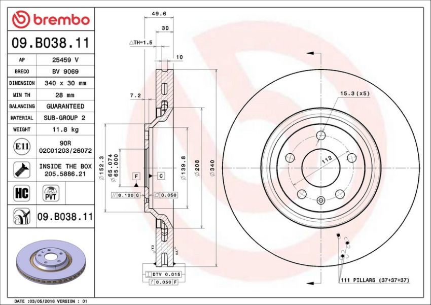 Brembo 09.B038.11 Premium Coated Vented Brake Rotor