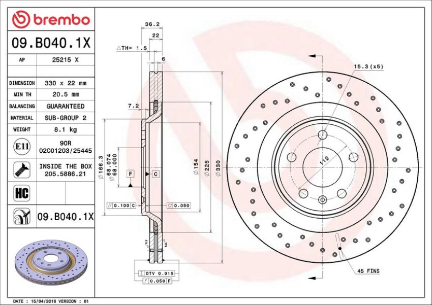 Brembo 09.B040.1X Premium UV Coated Xtra Cross Drilled Brake Rotor