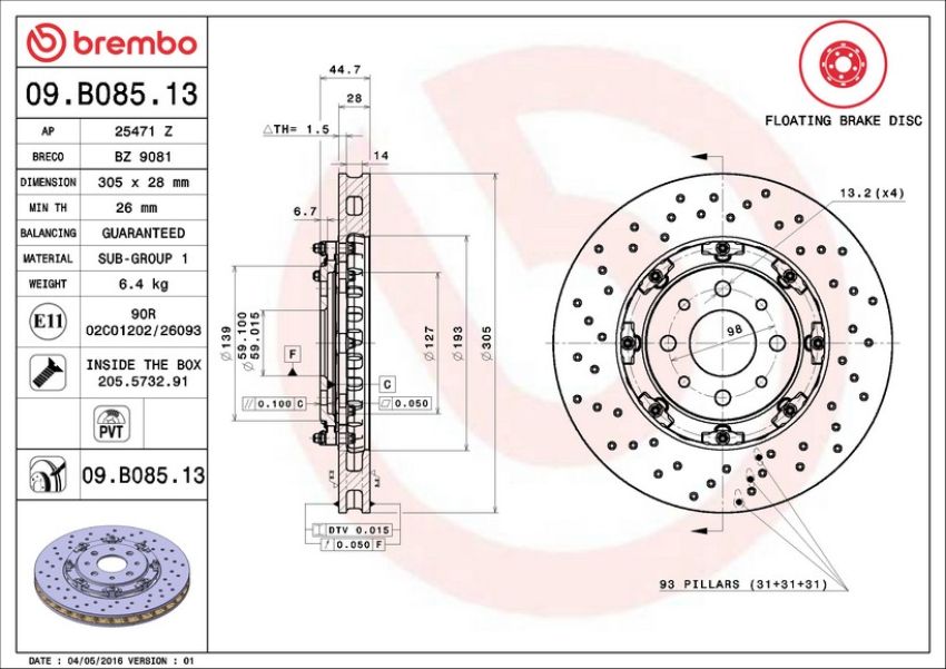 Brembo KT00937 Brembo ceramic brake pad and floating PVT drilled brake disc kit