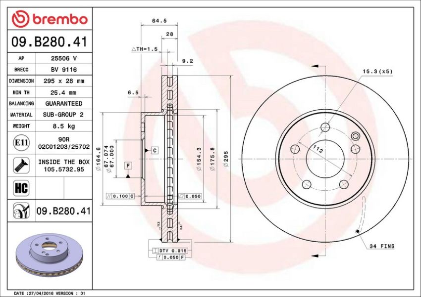 Brembo 09.B280.41 Premium Coated Vented Brake Rotor