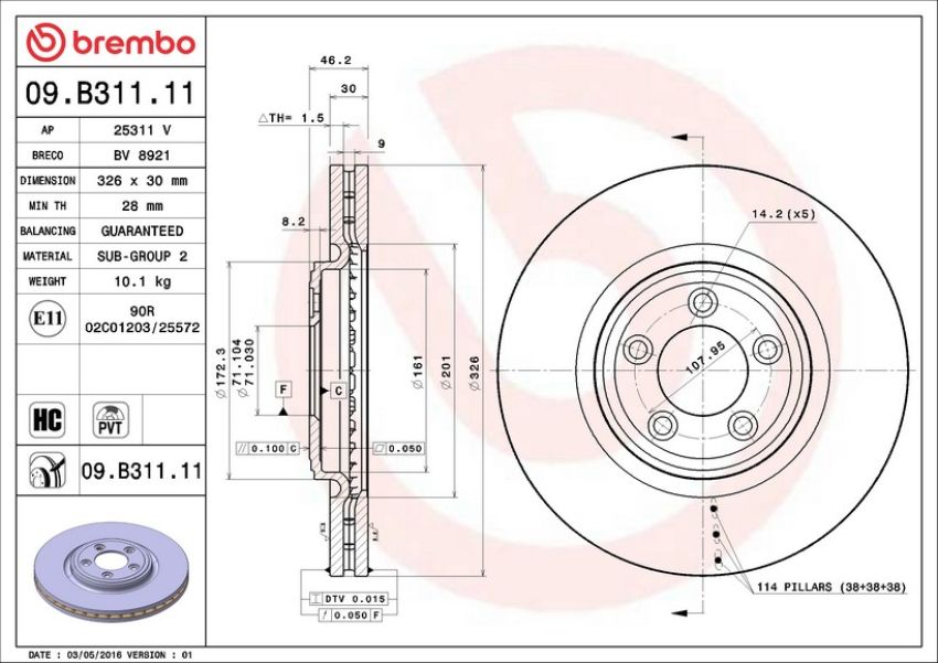 Brembo 09.B311.11 Premium Coated Vented Brake Rotor