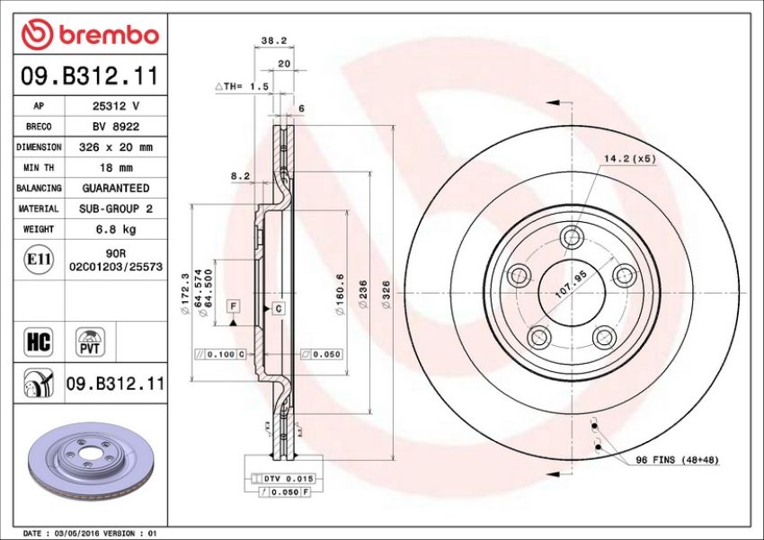 Brembo 09.B312.11 Premium Coated Vented Brake Rotor