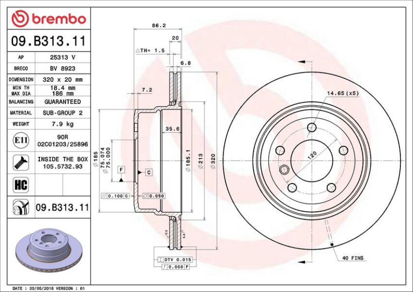 Brembo 09.B313.11 Premium Coated Vented Brake Rotor