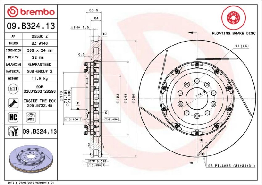 Brembo 09.B324.13 Premium Floating Two Piece UV Coated Vented Drilled And Slotted Brake Rotor